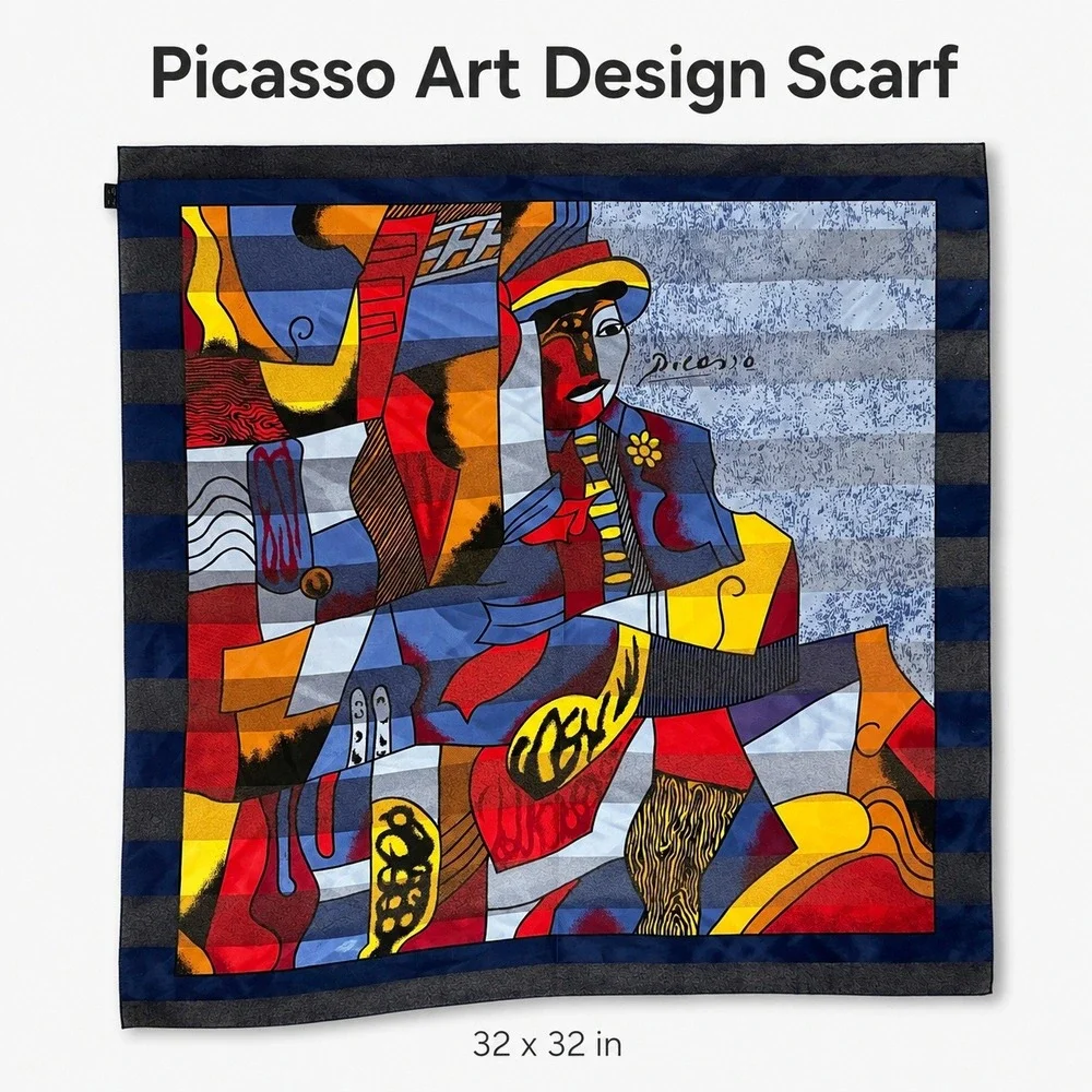 Picasso Style Cubist Art Design Square Scarf Multicolor Silk Feel 32x32 Headwrap